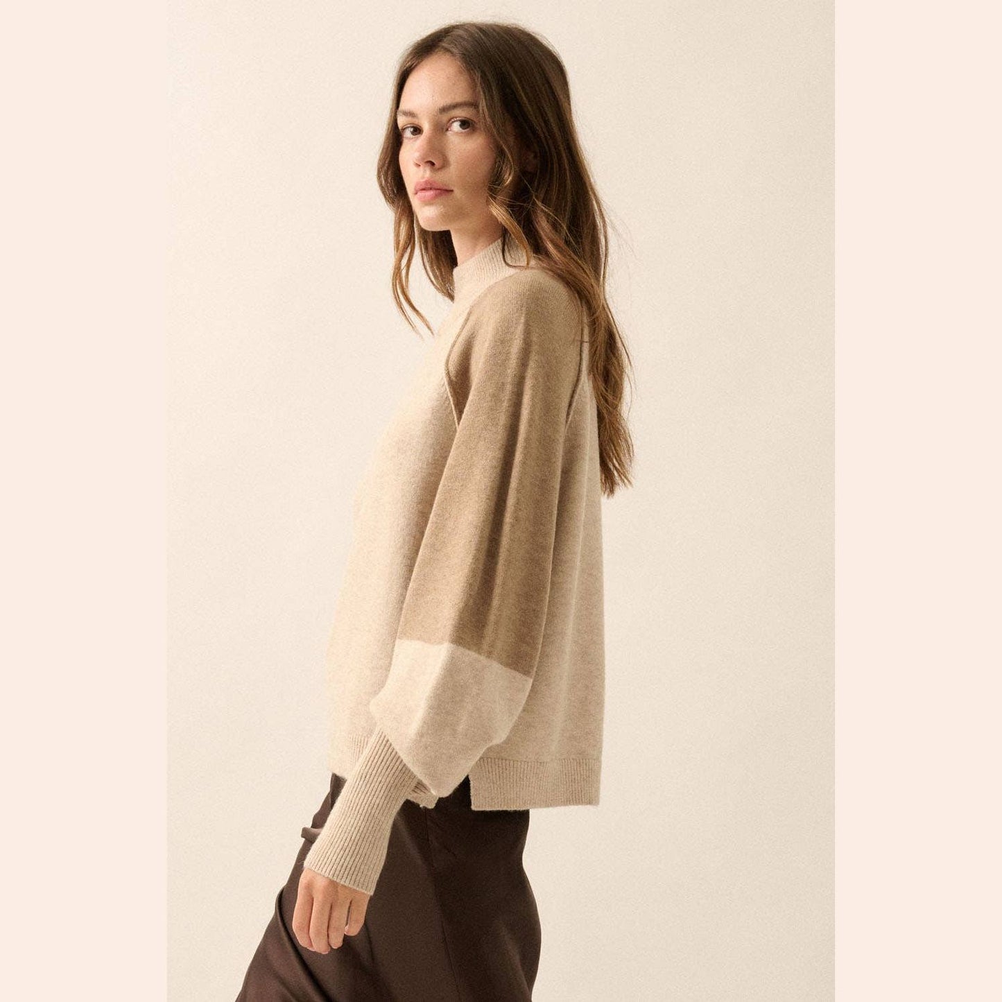 Colorblock Knit Bishop-Sleeve Mock-Neck Sweater
