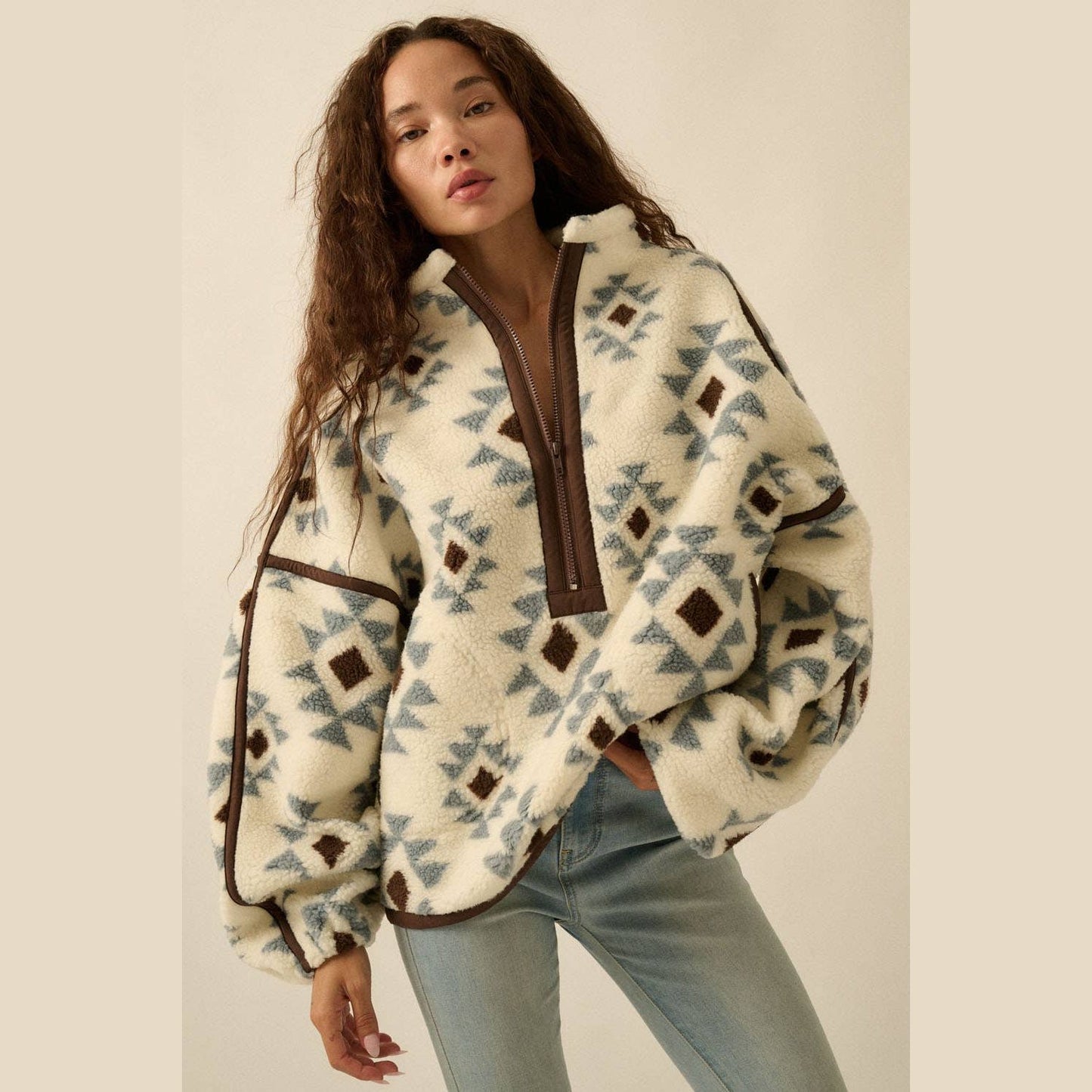 Geometric-Print Sherpa Fleece Half-Zip Pullover