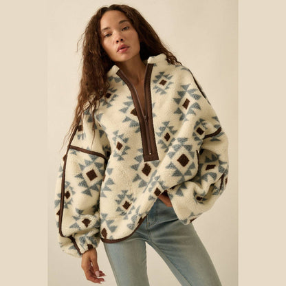 Geometric-Print Sherpa Fleece Half-Zip Pullover