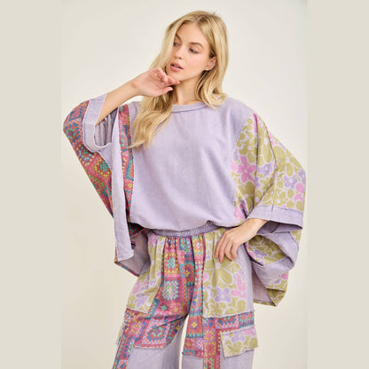 Mineral Washed Crochet Flower Printed Poncho
