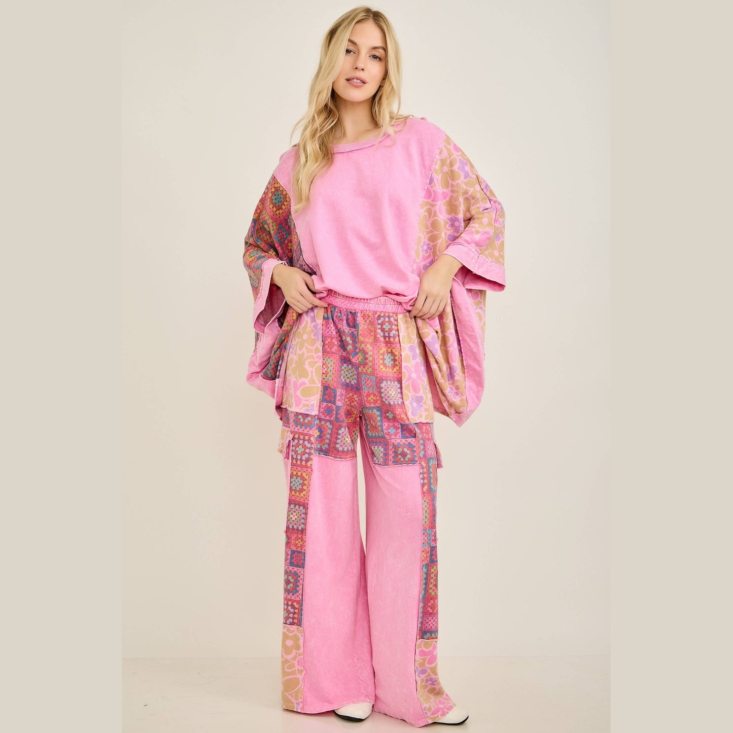 Mineral Washed Crochet Flower Printed Poncho