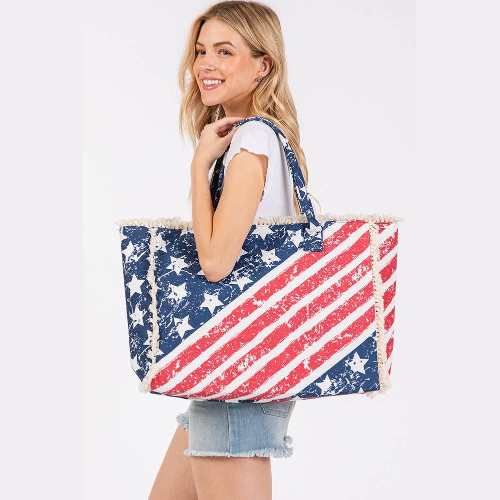 American Flag Pattern with Fringe Summer Tote Bag