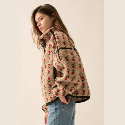 Floral-Print Fleece Half-Zip Pullover Jacket