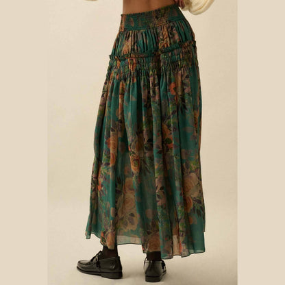 Floral-Print Smocked Drop-Waist Ruffle Maxi Skirt