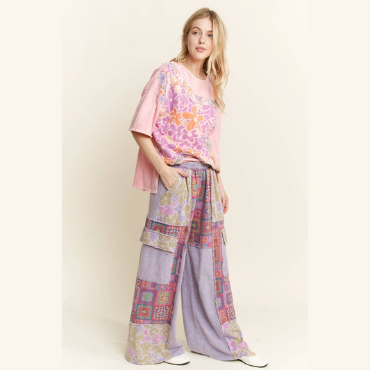 Mineral Wash Boho Crochet Floral Printed Pants