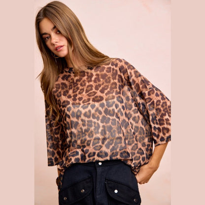 Leopard Print Short Sleeves Boxy Mesh Top
