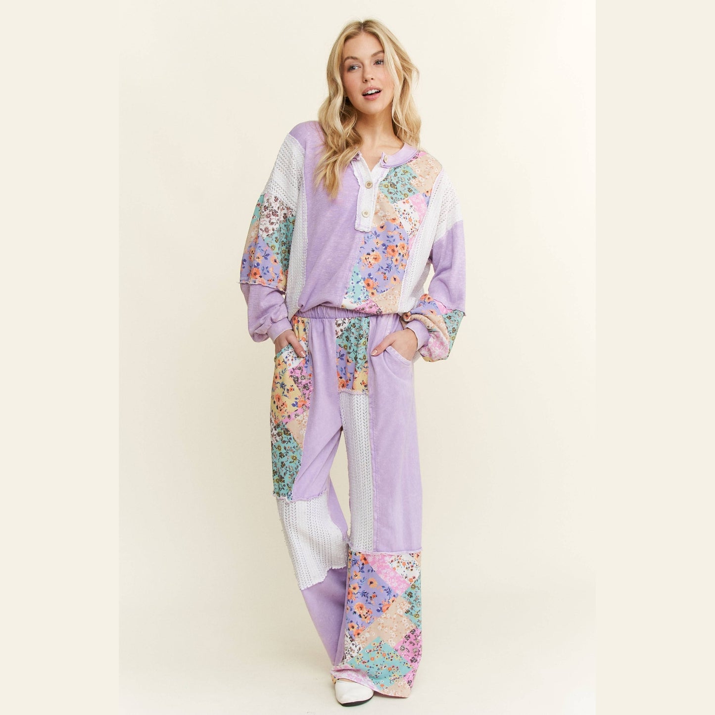 Mineral Washed Floral Wave Knit Jacquard Boho Pants