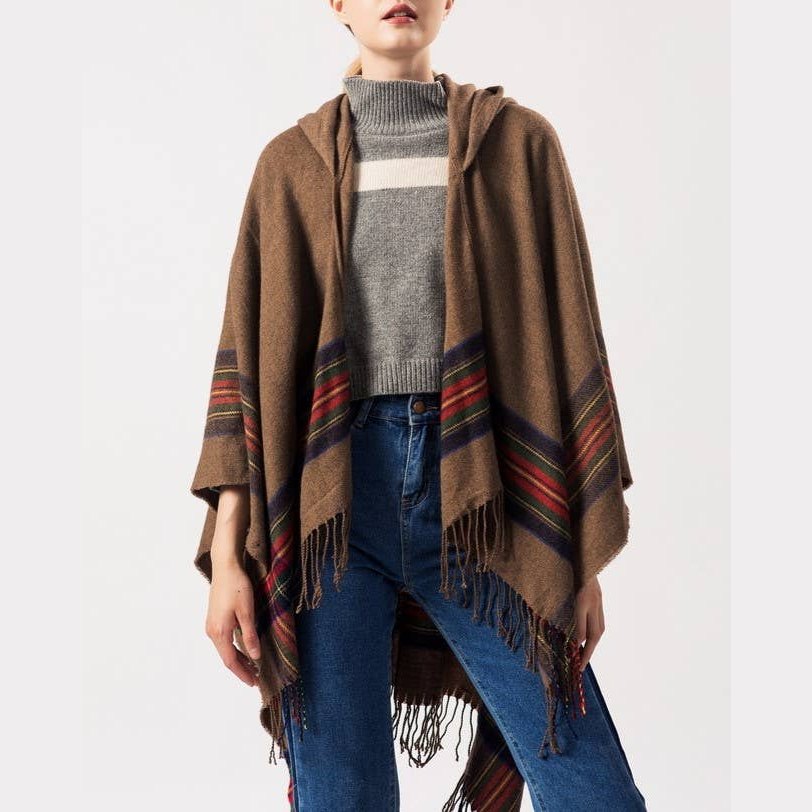 Classic plaid faux wool tartan hooded ruana fringed shawl