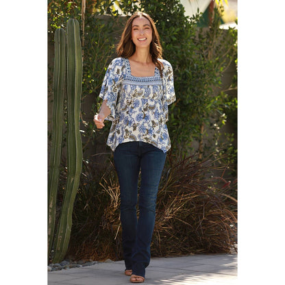 Blue Floral Flowy Smocked Top