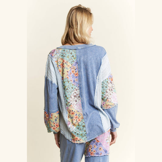 Mineral Washed Floral WaveKnit Jacquard Boho Top