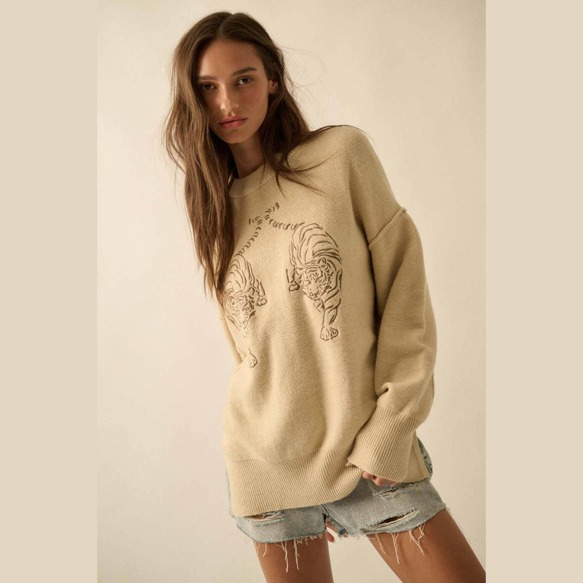 Embroidered Tigers Solid Knit Exposed-Seam Sweater - The Feral Market