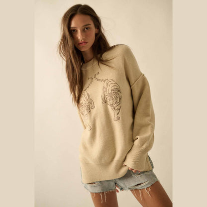 Embroidered Tigers Solid Knit Exposed-Seam Sweater - The Feral Market
