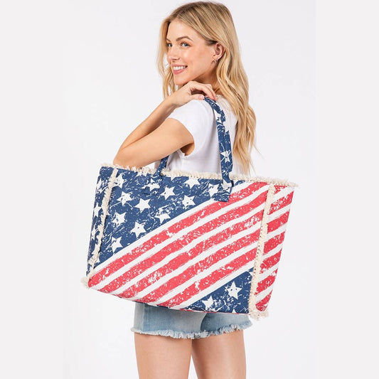 American Flag Pattern with Fringe Summer Tote Bag