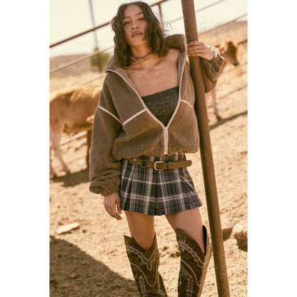 Faux Leather-Trimmed Sherpa Fleece Zip-Up Jacket