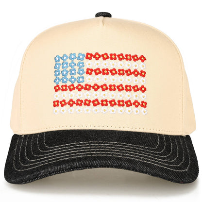 C.C Daisy Flower Pattern USA Flag Trucker Cap