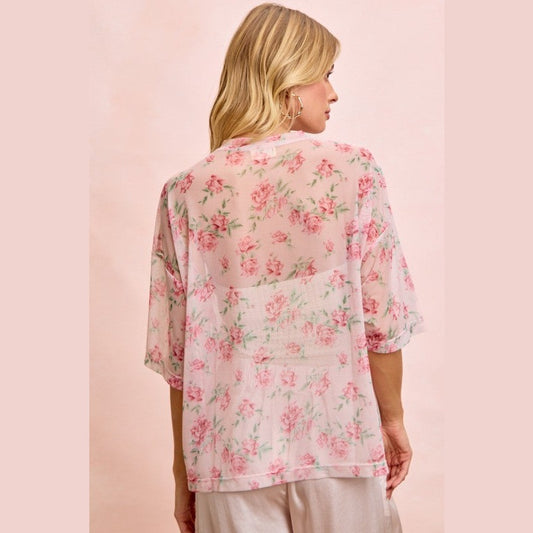 Floral Print Short Sleeves Boxy Mesh Top