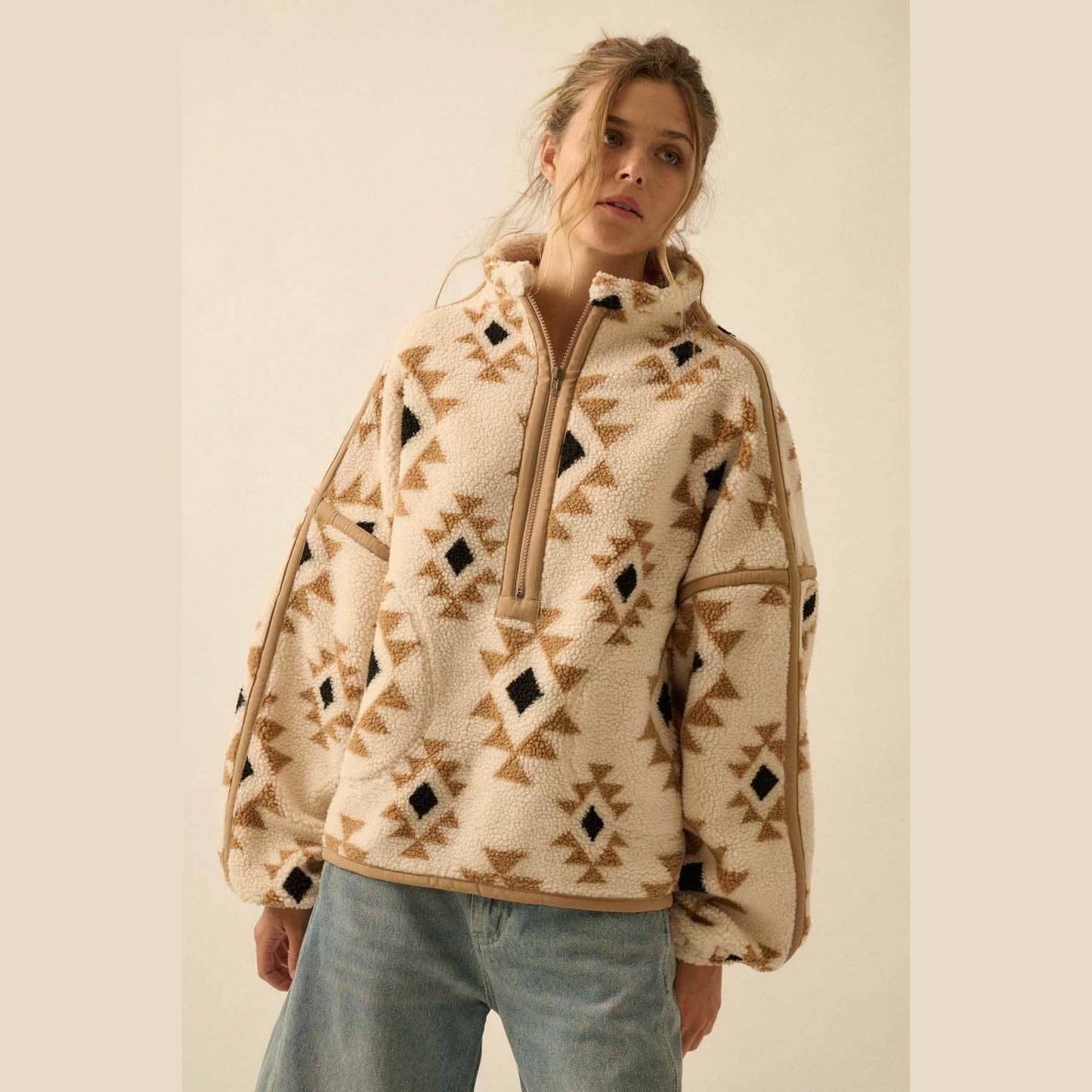 Geometric-Print Sherpa Fleece Half-Zip Pullover