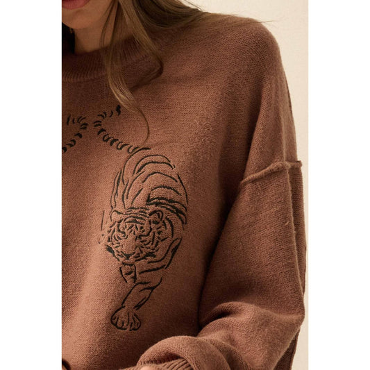 Embroidered Tigers Solid Knit Exposed-Seam Sweater