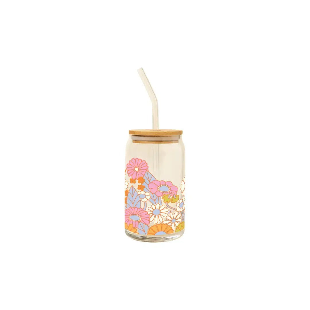 Can Glass w/Lid + Straw - Gatherin Flower