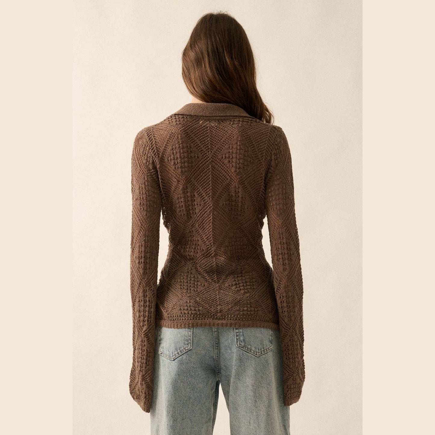 Solid Geometric-Pointelle Bell-Sleeve Cardigan