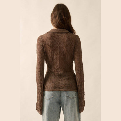 Solid Geometric-Pointelle Bell-Sleeve Cardigan