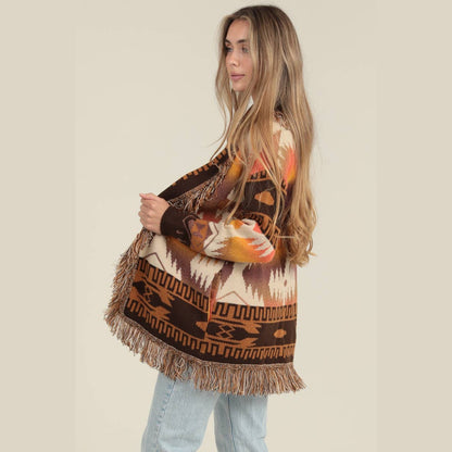 FRINGE SHAWL COLLARD AZTEC CARDIGAN SWEATER