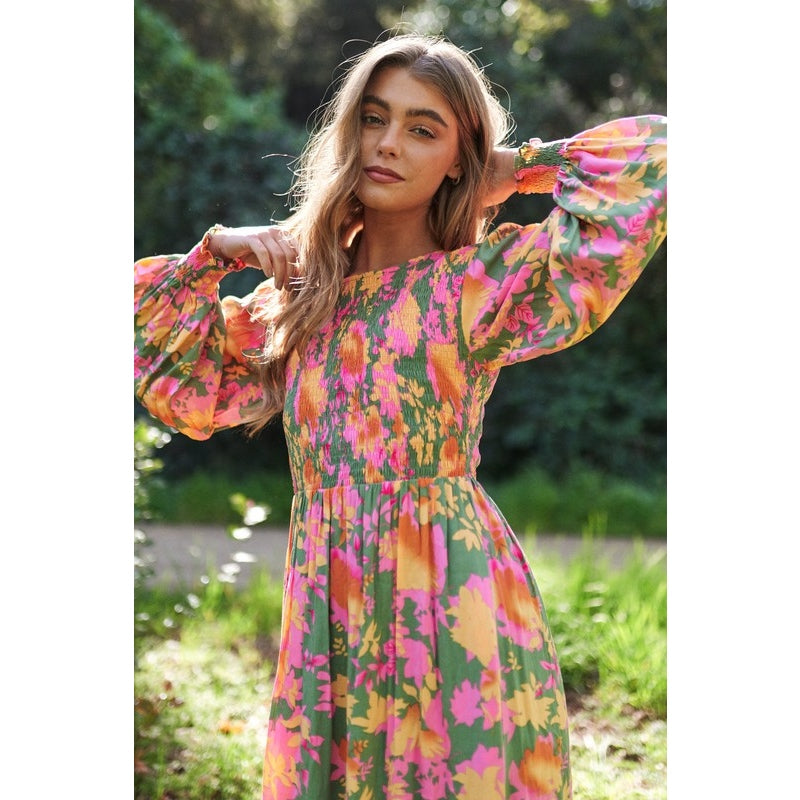Chloe Smocked Bodice Long Balloon Sleeve Maxi Dress - Bright Floral / Large Chloe Smocked Bodice Long Balloon Sleeve Maxi Dress - Bright Floral / Large