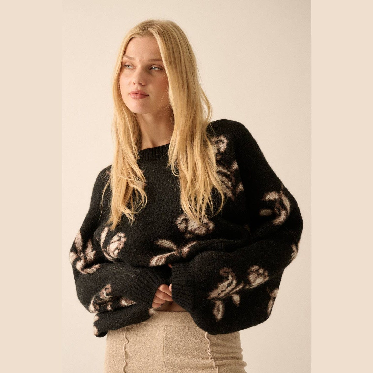 Floral Knit Cropped Dolman-Sleeve Sweater