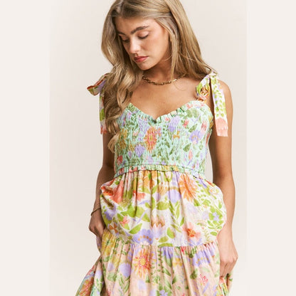 Patsy Smocked V-neck Tiered Multi Print Dress