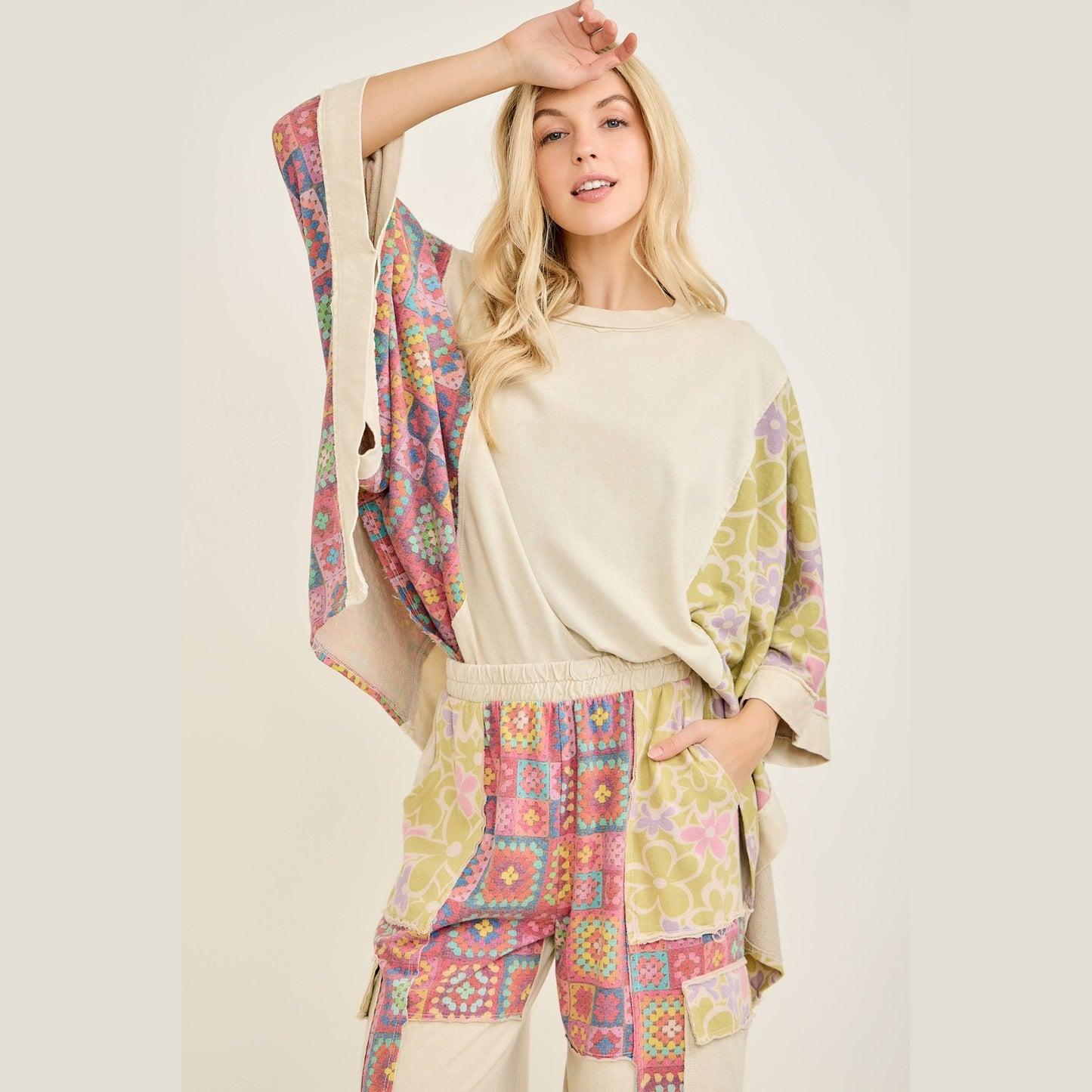Mineral Washed Crochet Flower Printed Poncho