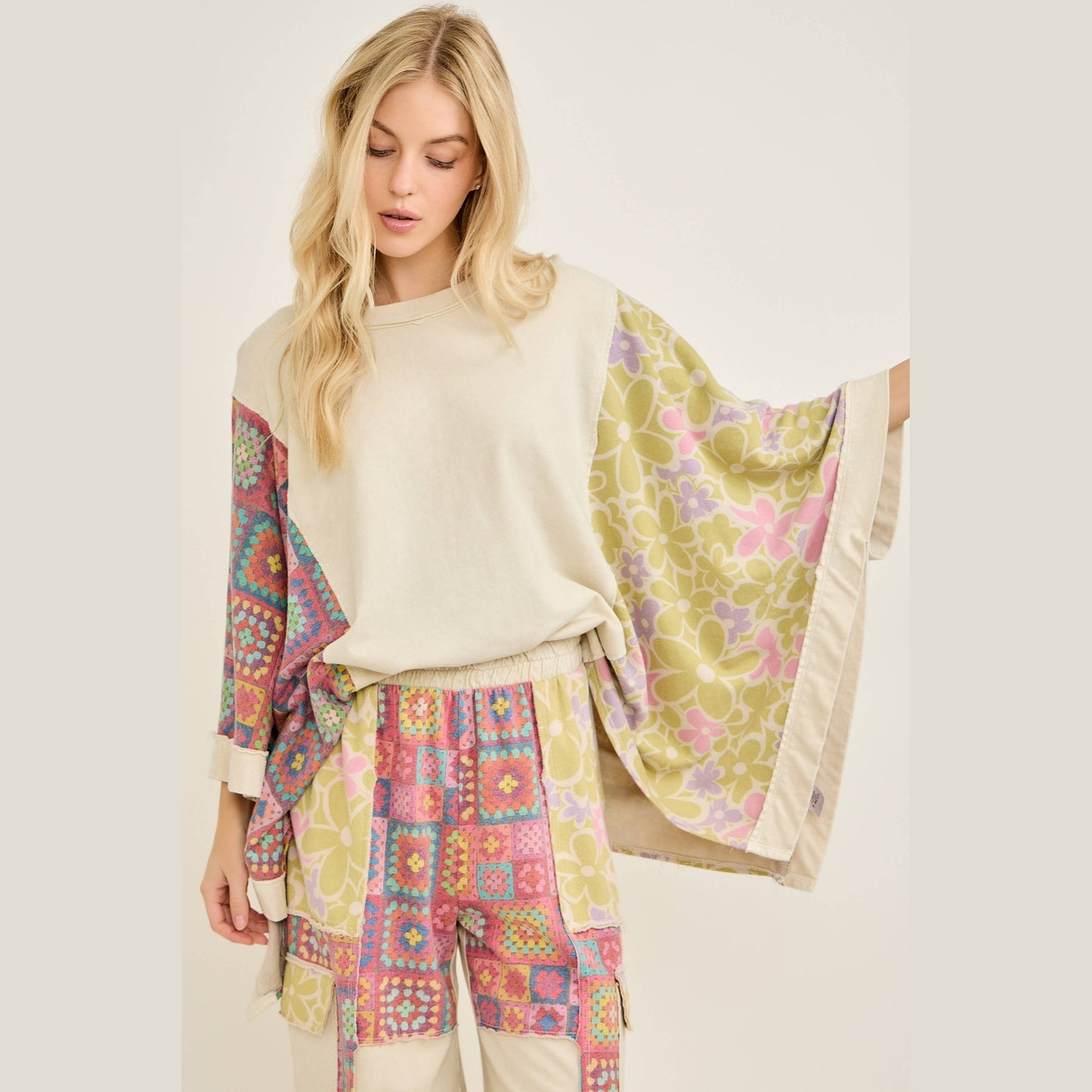 Mineral Washed Crochet Flower Printed Poncho
