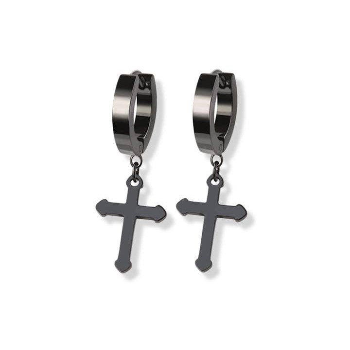 STAINLESS STEEL HUGGIE/HOOP EARRINGS WITH CROSS
