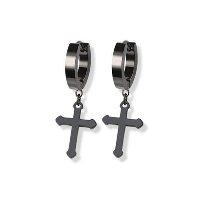 STAINLESS STEEL HUGGIE/HOOP EARRINGS WITH CROSS