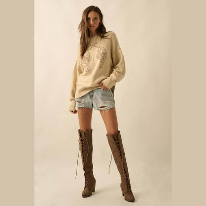 Embroidered Tigers Solid Knit Exposed-Seam Sweater - The Feral Market