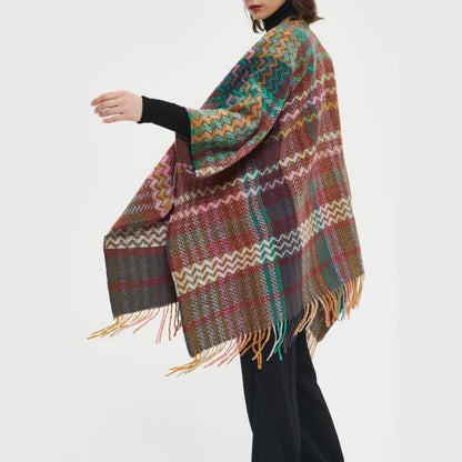 Plaid Ruana Multi-Colored Kimono shawl With Tassel Detail