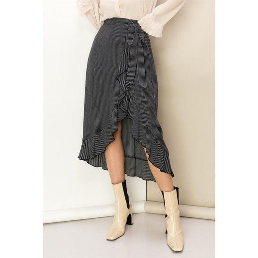 Wrapped In Love Striped Wrap Ruffle Midi Skirt