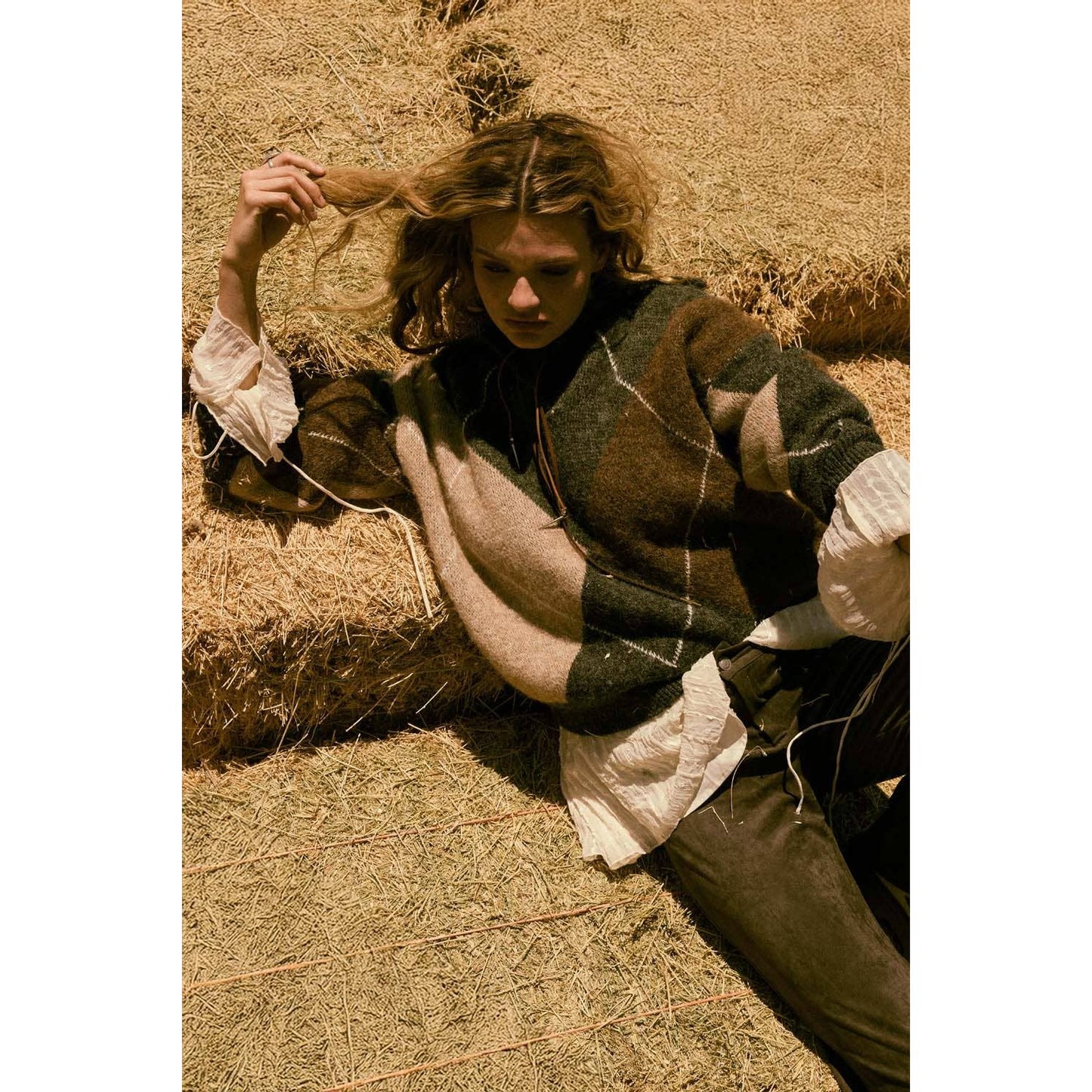 Argyle Plaid Knit Split-Neck Collared Sweater