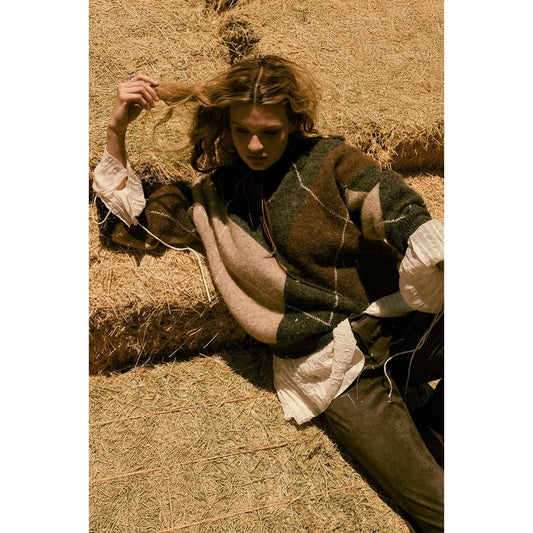 Argyle Plaid Knit Split-Neck Collared Sweater