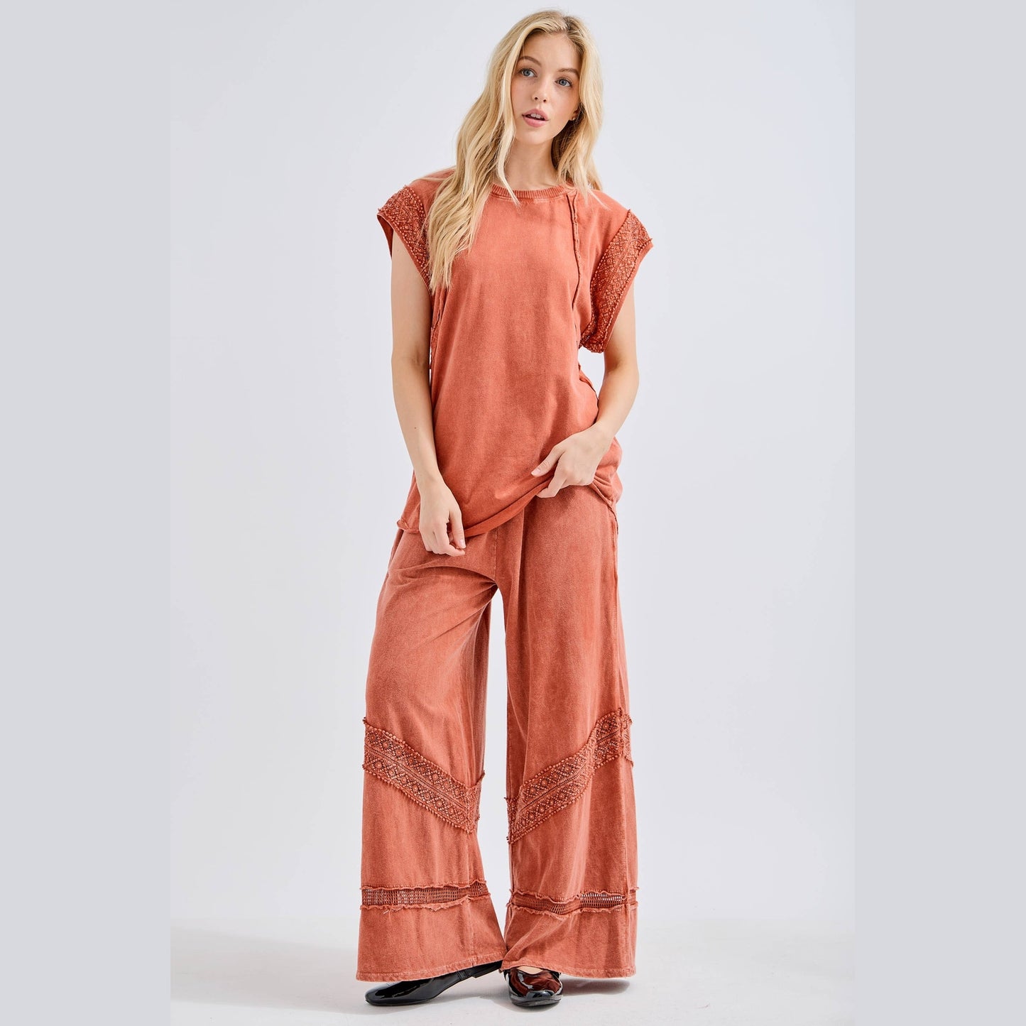 Mineral Wash Trim Cap sleeve Blouse