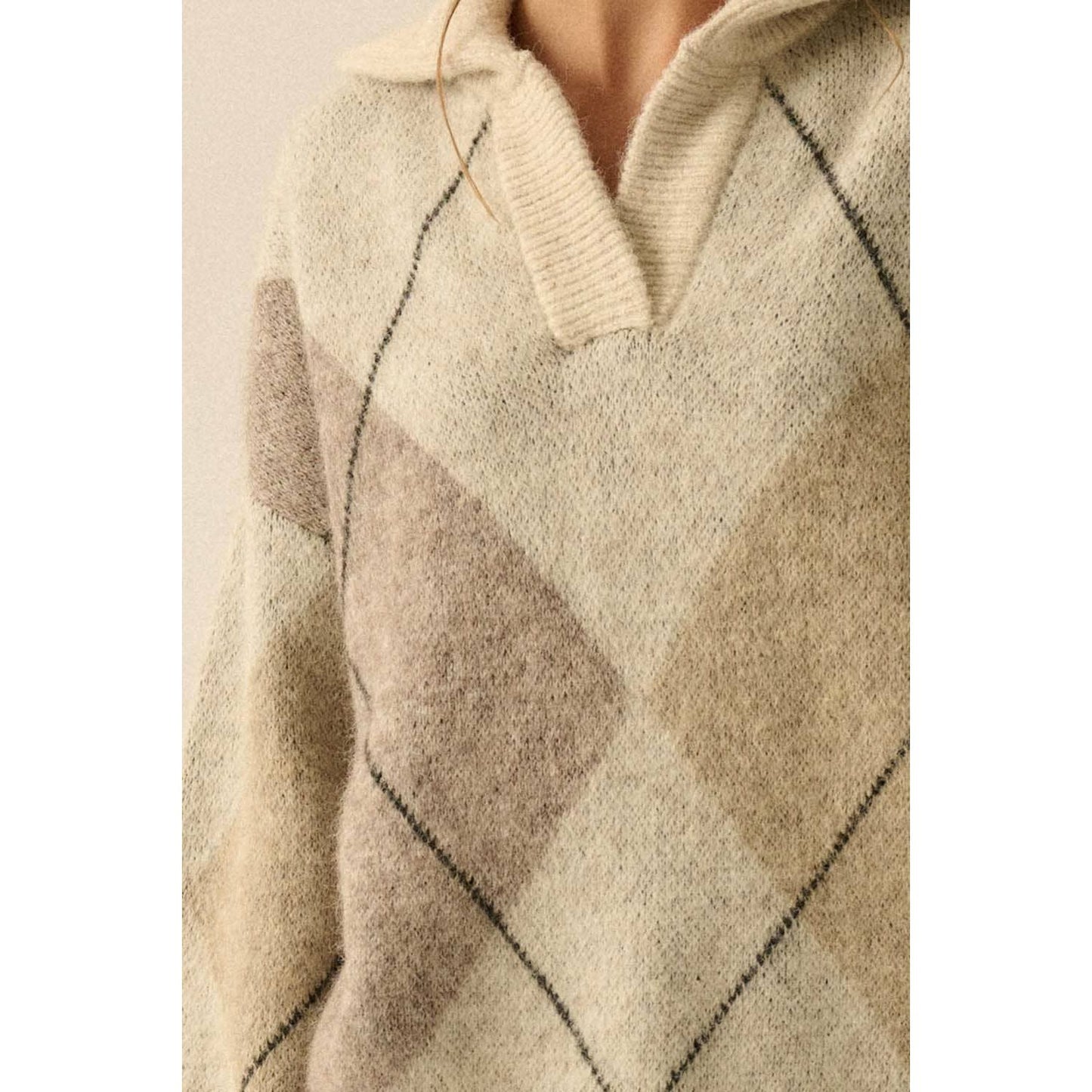 Argyle Plaid Knit Split-Neck Collared Sweater