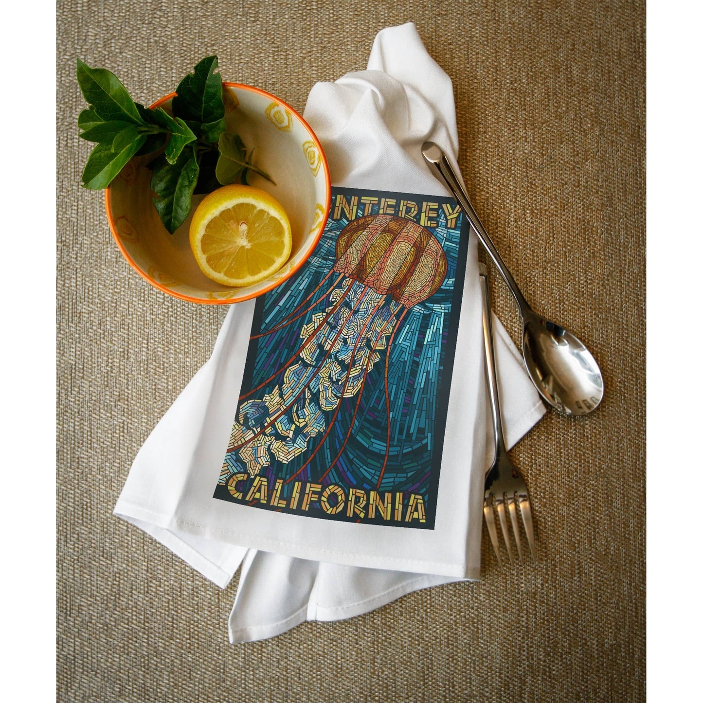 ORGANIC TEA TOWEL Monterey, California, Jellyfish, Mosaic