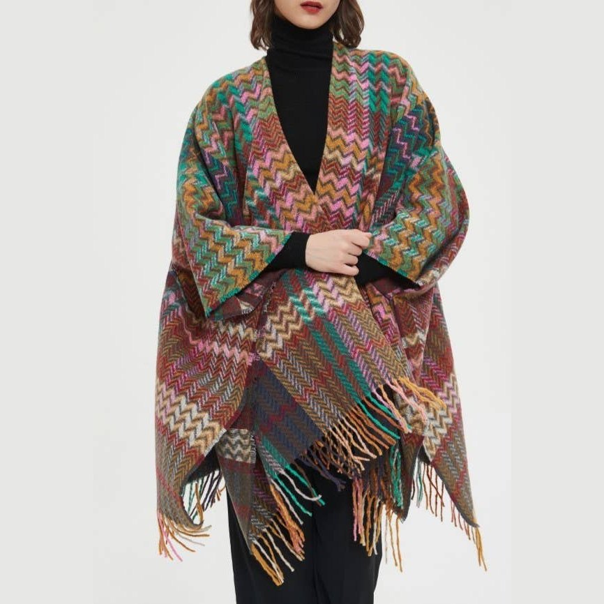 Plaid Ruana Multi-Colored Kimono shawl With Tassel Detail