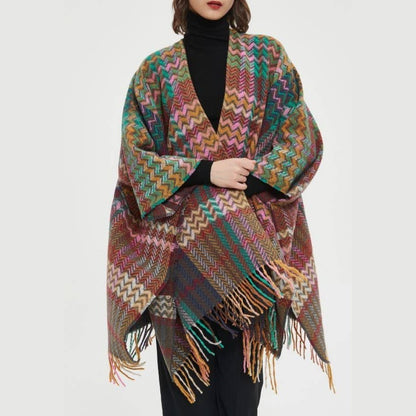 Plaid Ruana Multi-Colored Kimono shawl With Tassel Detail