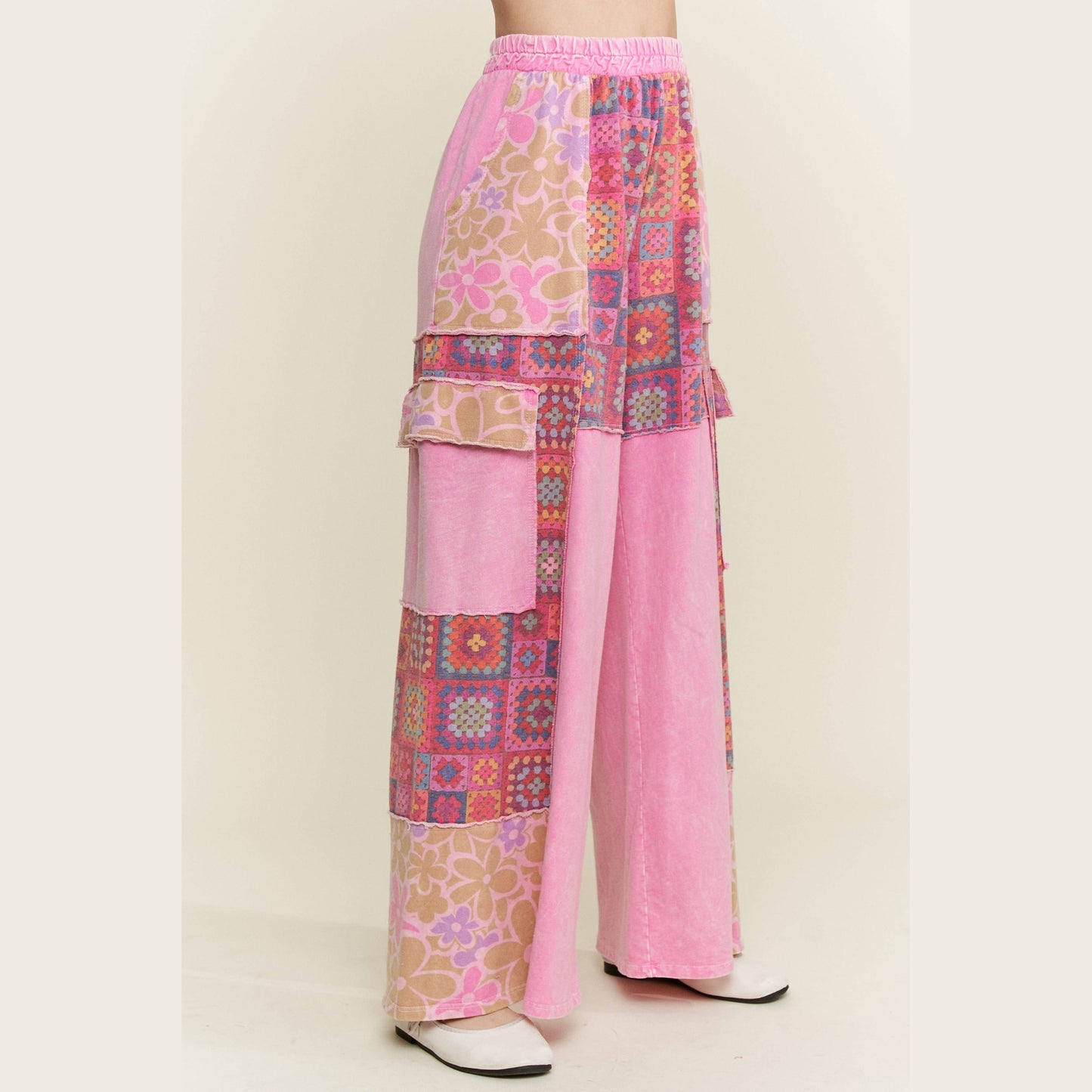 Mineral Wash Boho Crochet Floral Printed Pants