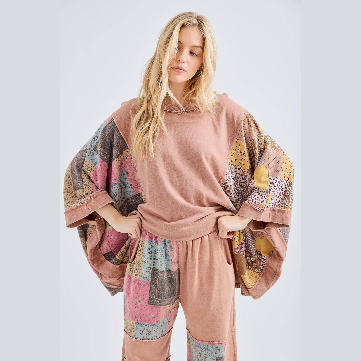 Mineral Washed Boho Patch Poncho Top