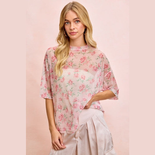 Floral Print Short Sleeves Boxy Mesh Top