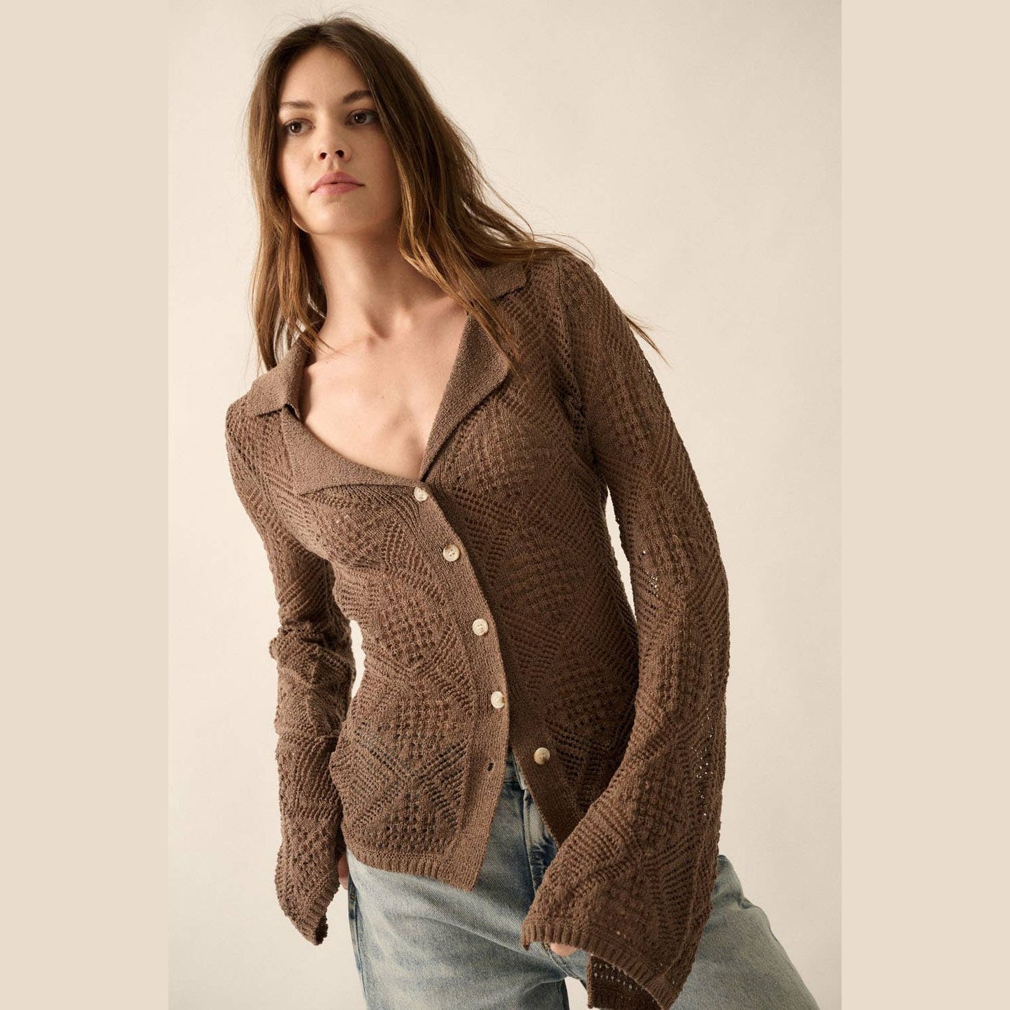 Solid Geometric-Pointelle Bell-Sleeve Cardigan