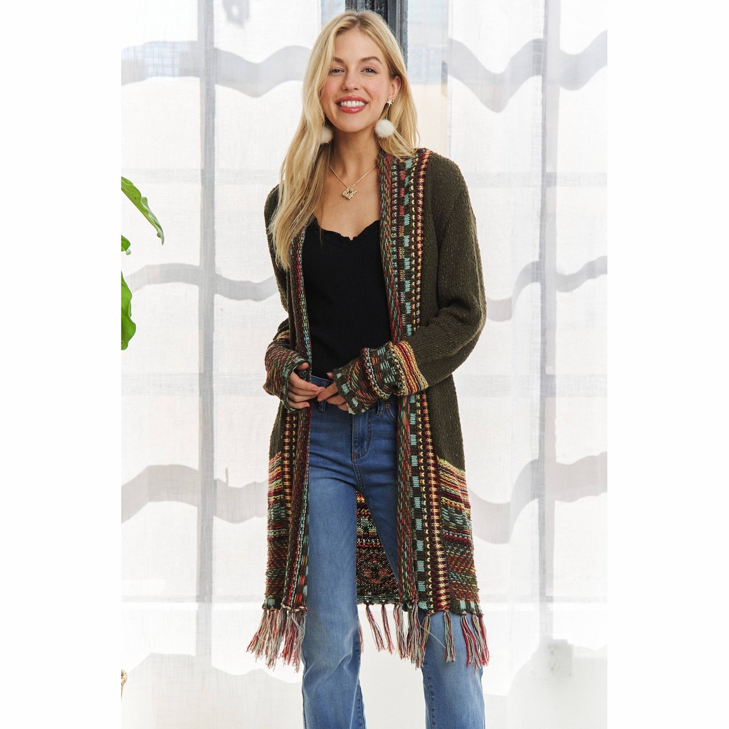 Fringe Hem Multicolor Cardigan