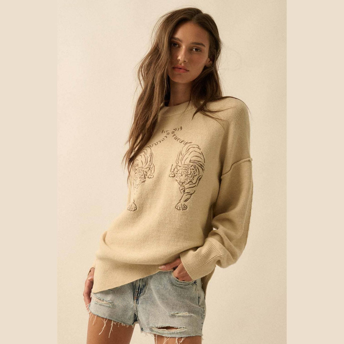 Embroidered Tigers Solid Knit Exposed-Seam Sweater - The Feral Market