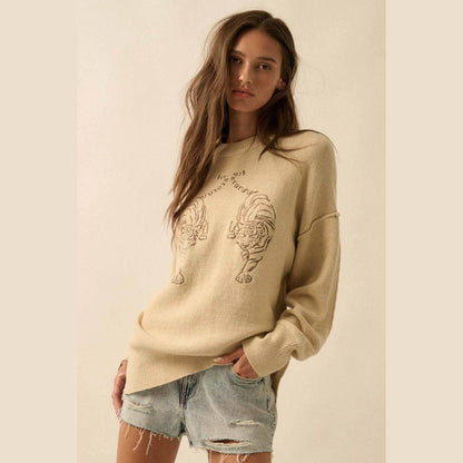 Embroidered Tigers Solid Knit Exposed-Seam Sweater - The Feral Market